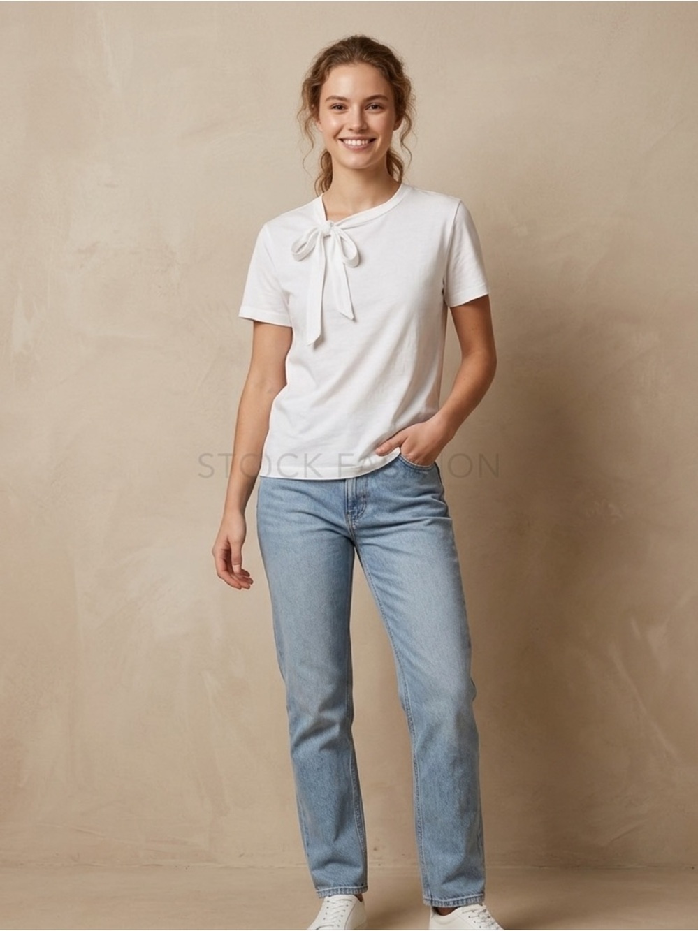Zara Trafaluc White Short Sleeve Casual T Shirt Tie Neckline Accent Size Small